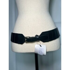 Punto Fibbia Black Italian Leather Belt Elastic Stretch Waist M Gold Buckle NWT